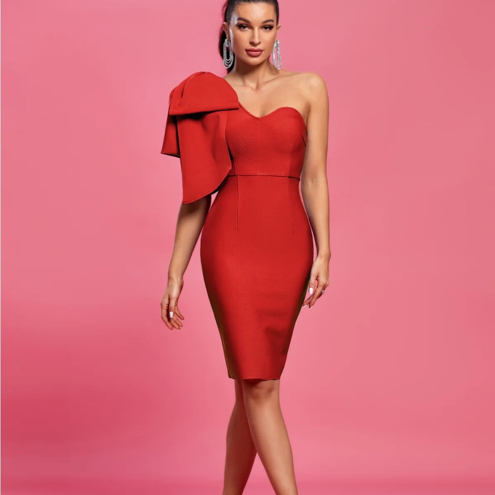 WOLDDRESS Elegant Bow Knot Red One-Shoulder Dress